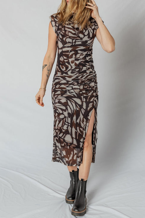 Abstract Print Mesh Ruched Cap Sleeve Bodycon Midi Dress