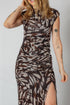 Abstract Print Mesh Ruched Cap Sleeve Bodycon Midi Dress