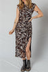 Abstract Print Mesh Ruched Cap Sleeve Bodycon Midi Dress