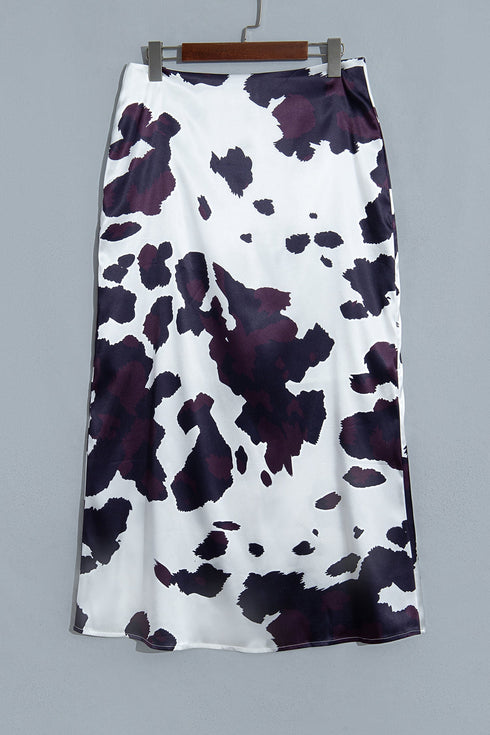 Abstract Print Metal Zip Waist Satin Western Maxi Skirt