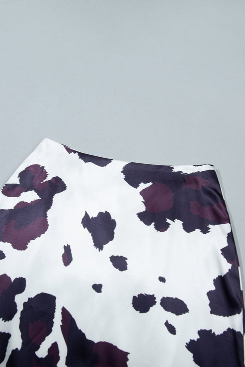 Abstract Print Metal Zip Waist Satin Western Maxi Skirt
