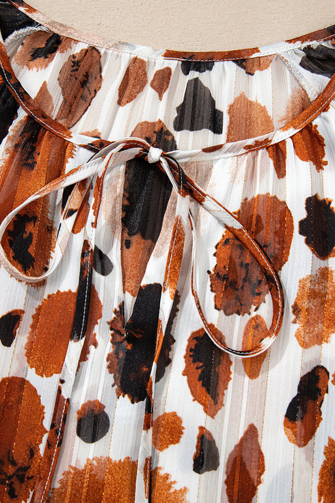 Abstract Print Metallic Stripe Ruffled Sleeve Blouse