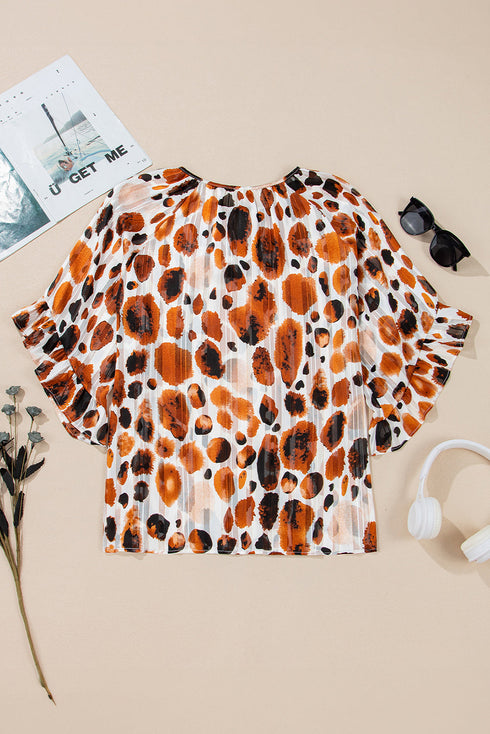 Abstract Print Metallic Stripe Ruffled Sleeve Blouse