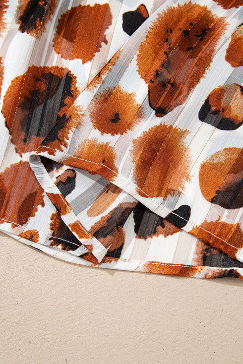 Abstract Print Metallic Stripe Ruffled Sleeve Blouse