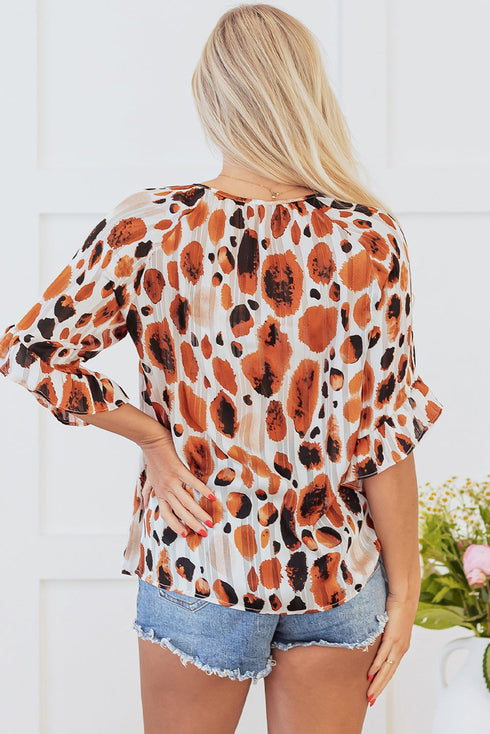 Abstract Print Metallic Stripe Ruffled Sleeve Blouse