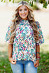 Abstract Print Mock Neck Puff Sleeve Blouse