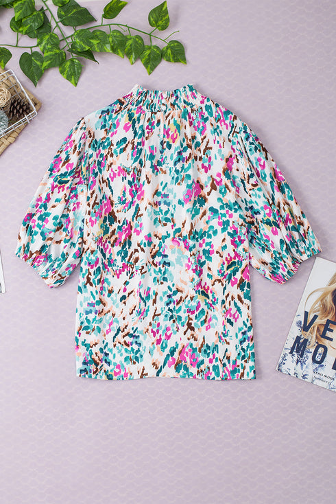 Abstract Print Mock Neck Puff Sleeve Blouse