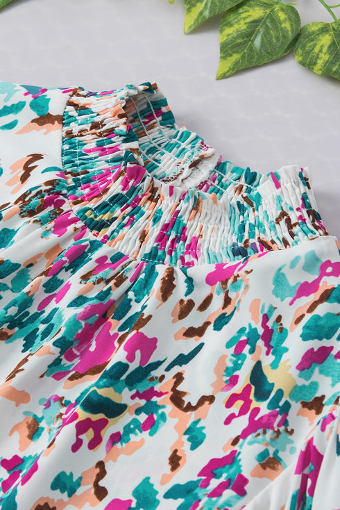 Abstract Print Mock Neck Puff Sleeve Blouse