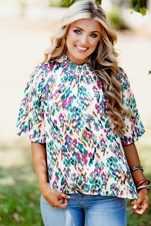 Abstract Print Mock Neck Puff Sleeve Blouse