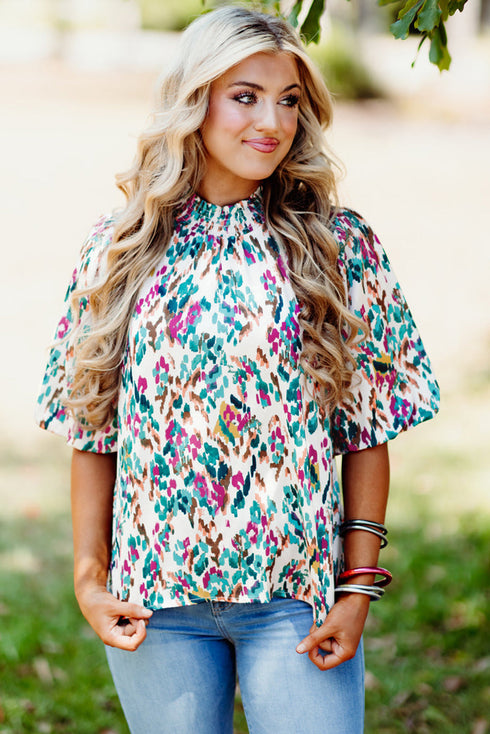 Abstract Print Mock Neck Puff Sleeve Blouse
