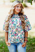 Abstract Print Mock Neck Puff Sleeve Blouse