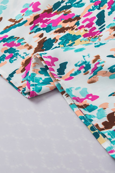 Abstract Print Mock Neck Puff Sleeve Blouse