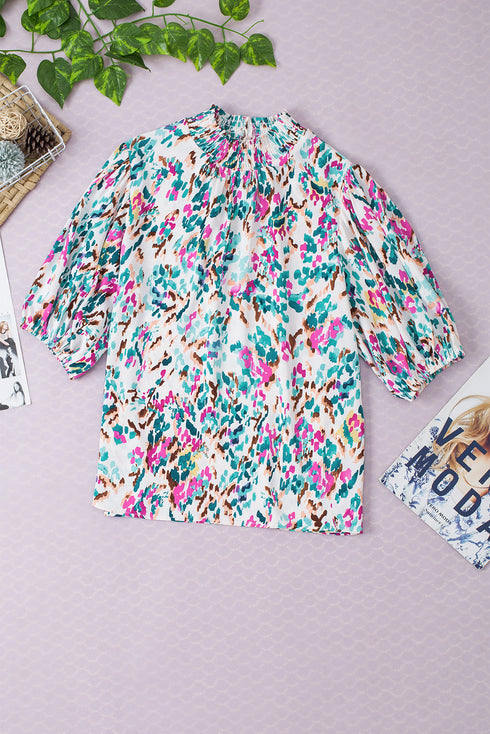 Abstract Print Mock Neck Puff Sleeve Blouse