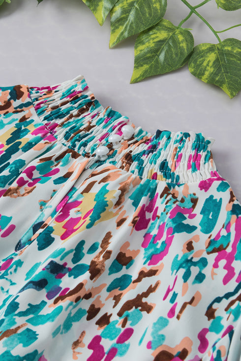 Abstract Print Mock Neck Puff Sleeve Blouse