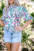 Abstract Print Mock Neck Puff Sleeve Blouse
