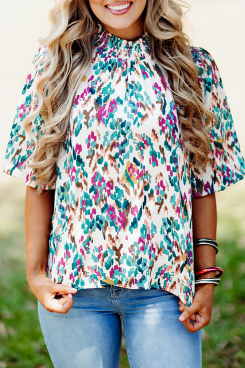 Abstract Print Mock Neck Puff Sleeve Blouse