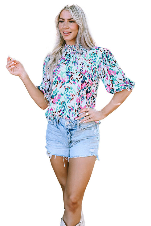 Abstract Print Mock Neck Puff Sleeve Blouse