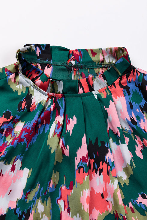 Abstract Print Mock Neck Smocked Cuff Blouse