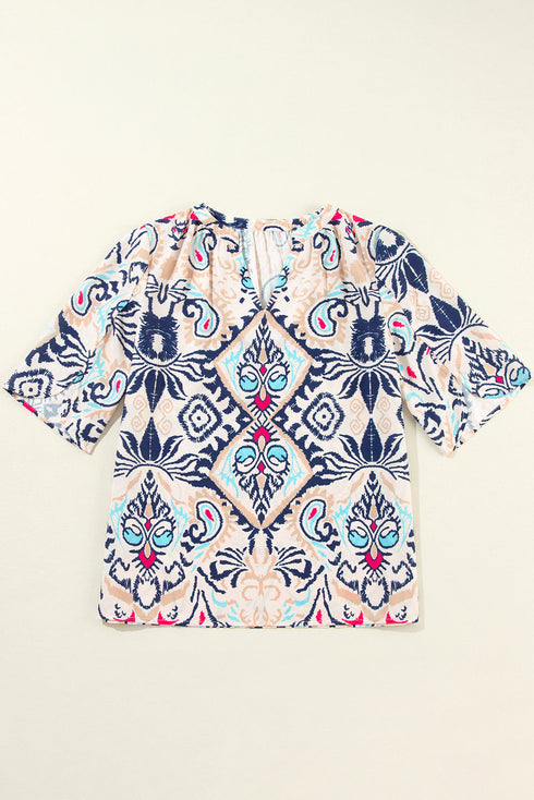 Abstract Print Notched Neck Split Sleeve Blouse