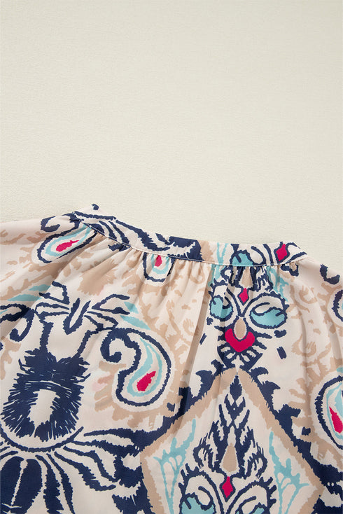 Abstract Print Notched Neck Split Sleeve Blouse