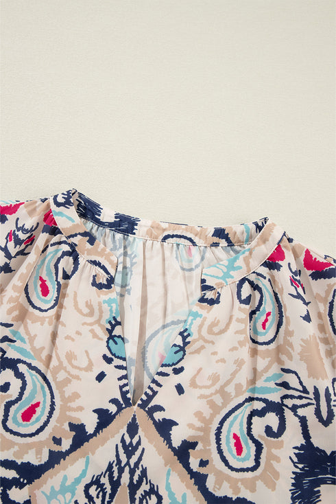 Abstract Print Notched Neck Split Sleeve Blouse
