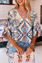 Abstract Print Notched Neck Split Sleeve Blouse
