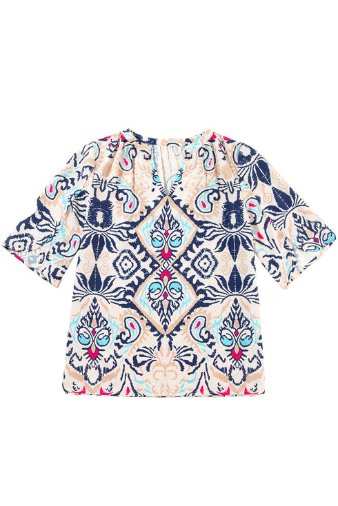 Abstract Print Notched Neck Split Sleeve Blouse
