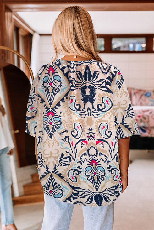 Abstract Print Notched Neck Split Sleeve Blouse