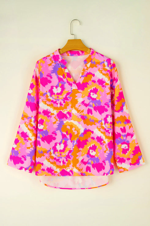 Abstract Print Notched Neck Tab Sleeve Blouse