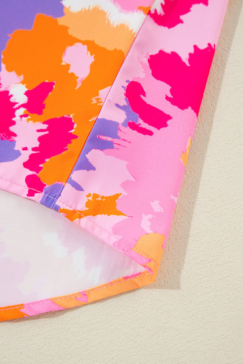 Abstract Print Notched Neck Tab Sleeve Blouse