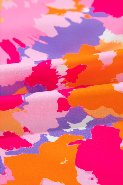 Abstract Print Notched Neck Tab Sleeve Blouse