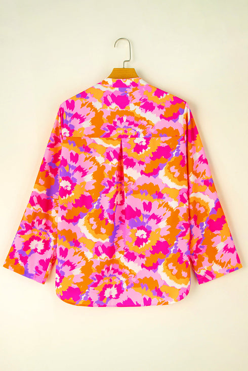 Abstract Print Notched Neck Tab Sleeve Blouse