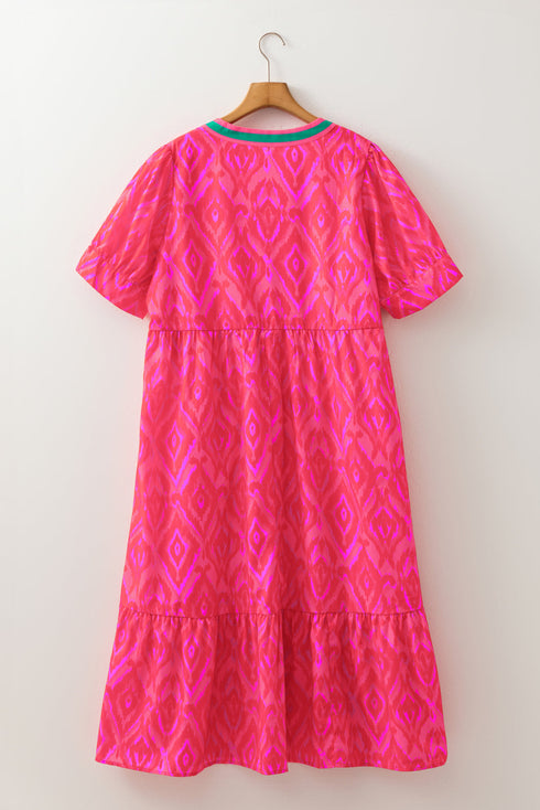 Abstract Print Patchwork Puff Sleeve Split Neckline Maxi Dress