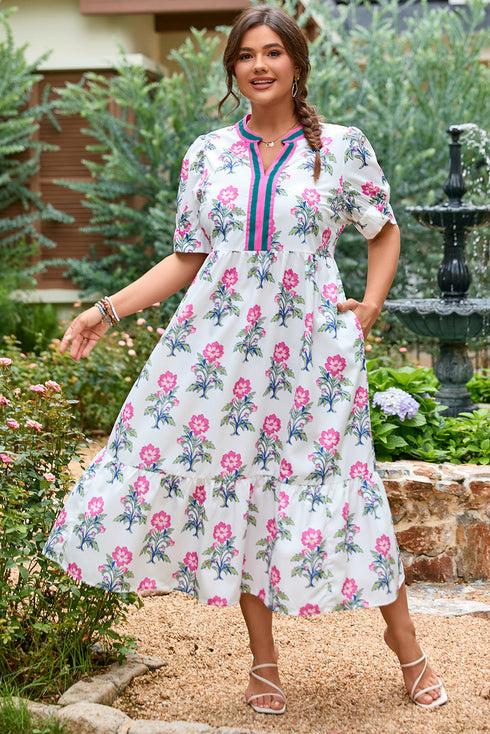 Abstract Print Patchwork Puff Sleeve Split Neckline Maxi Dress