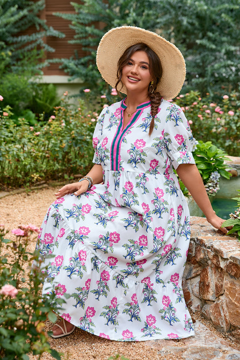 Abstract Print Patchwork Puff Sleeve Split Neckline Maxi Dress