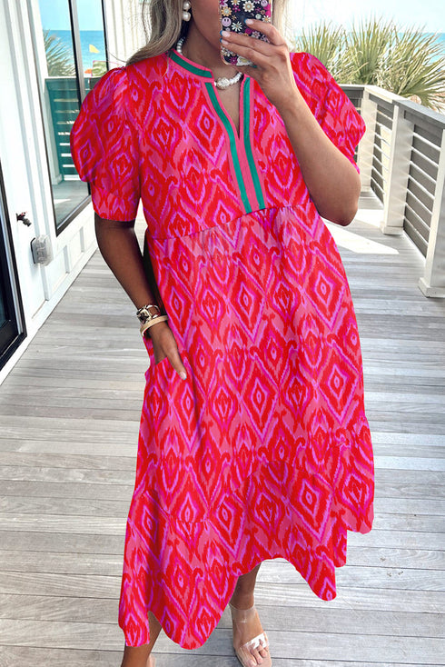 Abstract Print Patchwork Puff Sleeve Split Neckline Maxi Dress