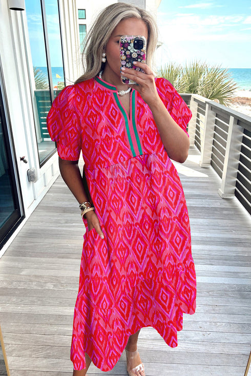 Abstract Print Patchwork Puff Sleeve Split Neckline Maxi Dress