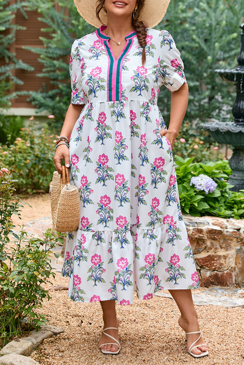 Abstract Print Patchwork Puff Sleeve Split Neckline Maxi Dress
