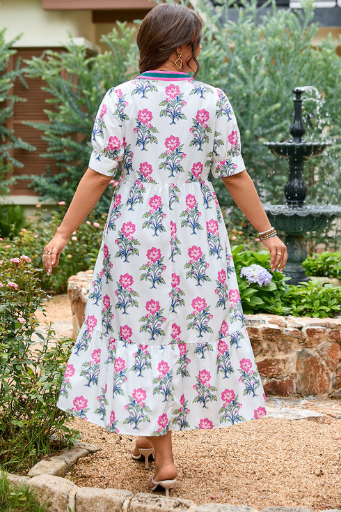 Abstract Print Patchwork Puff Sleeve Split Neckline Maxi Dress