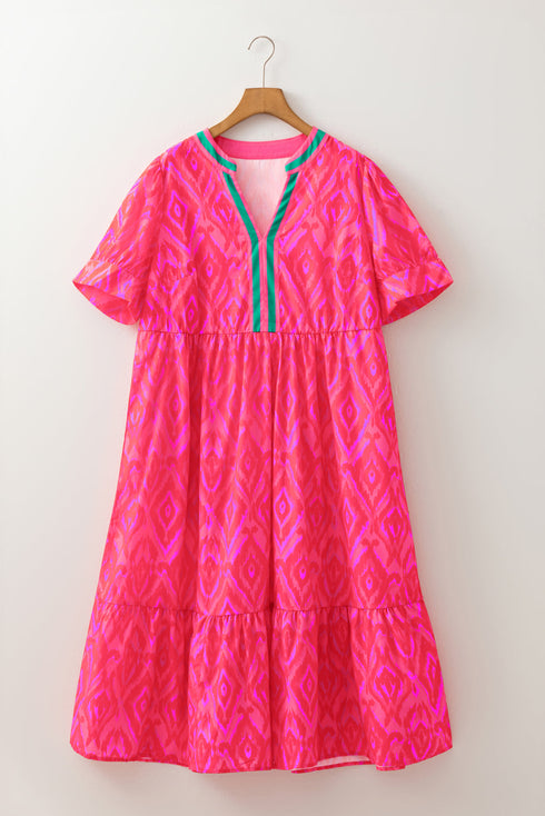 Abstract Print Patchwork Puff Sleeve Split Neckline Maxi Dress