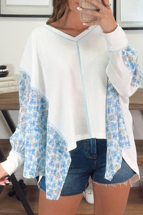 Abstract Print Patchwork Waffle Knit Batwing Sleeve Blouse