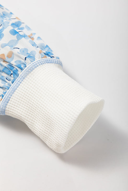 Abstract Print Patchwork Waffle Knit Batwing Sleeve Blouse