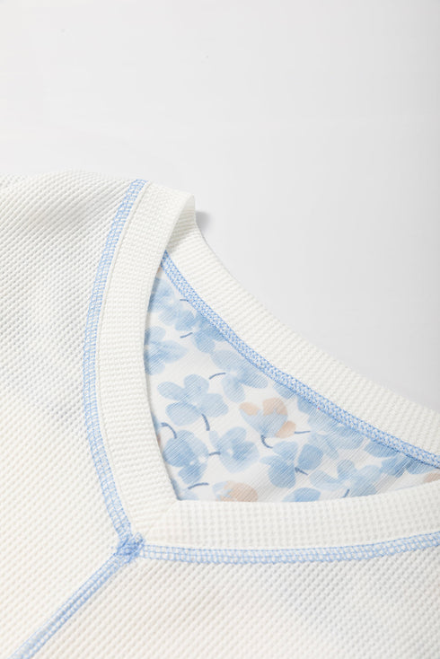 Abstract Print Patchwork Waffle Knit Batwing Sleeve Blouse