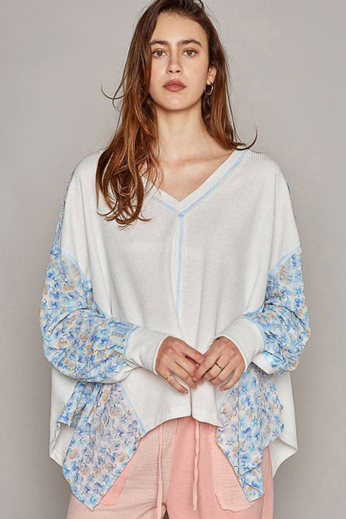 Abstract Print Patchwork Waffle Knit Batwing Sleeve Blouse