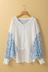 Abstract Print Patchwork Waffle Knit Batwing Sleeve Blouse