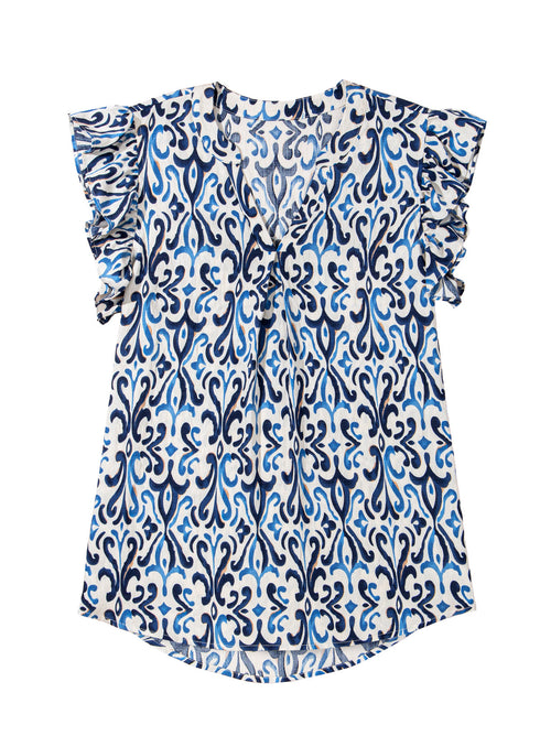 Abstract Print Pintuck Detail Ruffle Sleeve Blouse