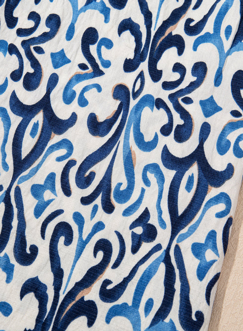 Abstract Print Pintuck Detail Ruffle Sleeve Blouse