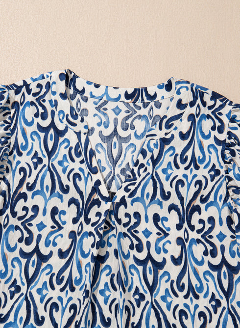 Abstract Print Pintuck Detail Ruffle Sleeve Blouse