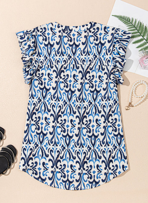 Abstract Print Pintuck Detail Ruffle Sleeve Blouse