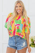 Abstract Print Pleated Half Sleeve Keyhole Back Blouse